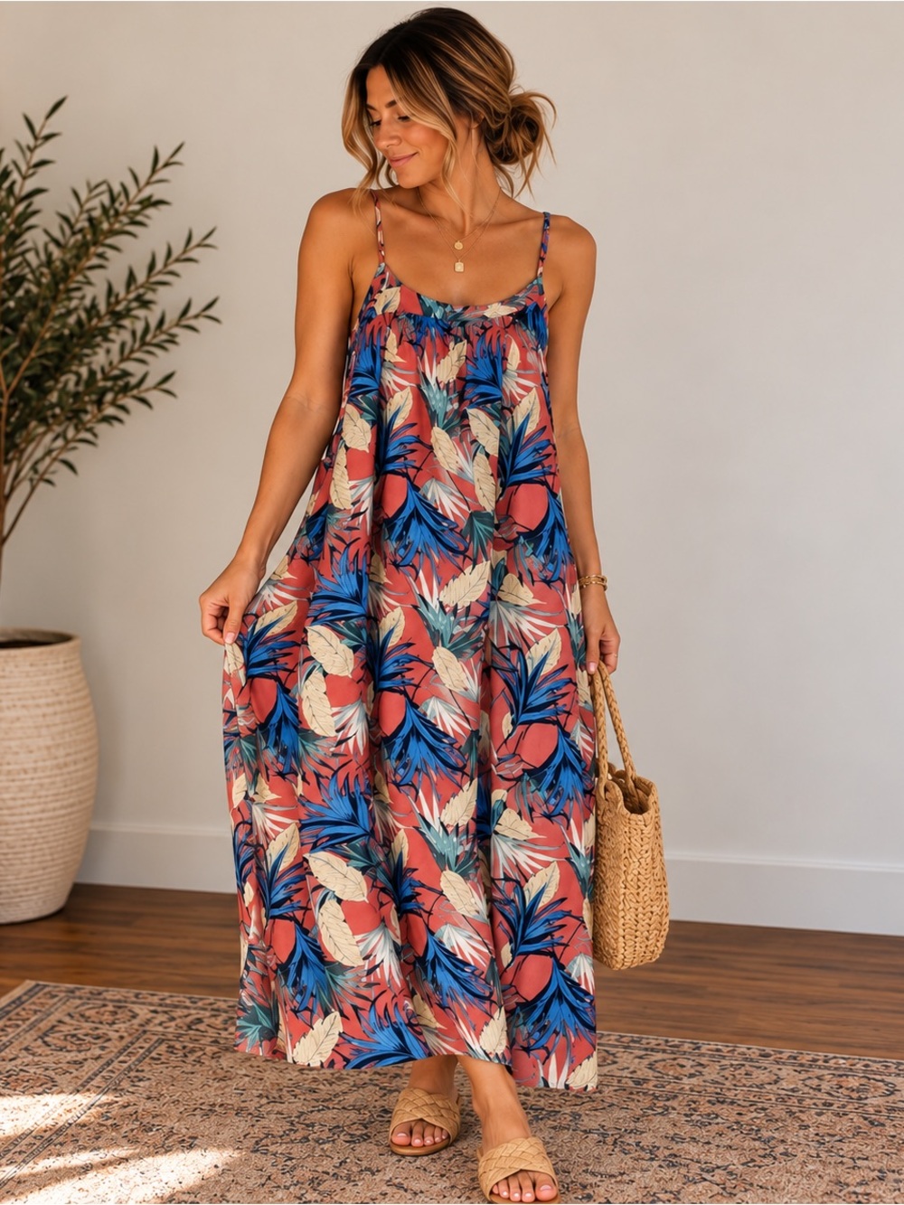 Tropical Leaf Print Midi Dress